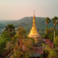 Golden pagoda among palm trees on a hill, from above