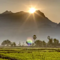 Sun above a mountain ridge, rice fields in front